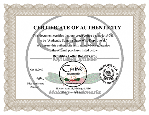 Wild Kopi Luwack Cretificate Coffee Republica Organic Coffee Roasters Inc